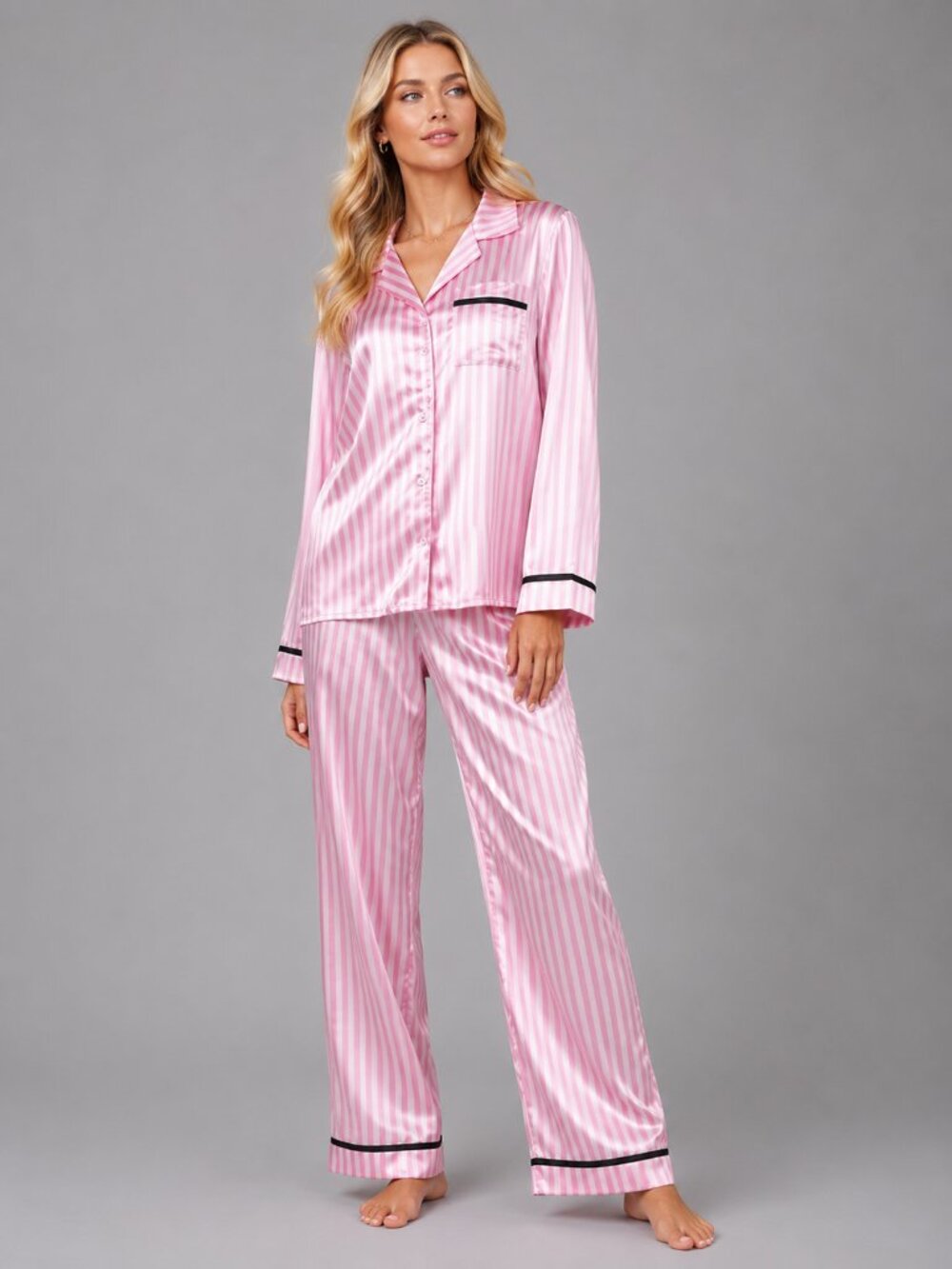 Women's Pink Striped Satin Pajama Set Button Up Long Sleeve Sleepwear Loungewear